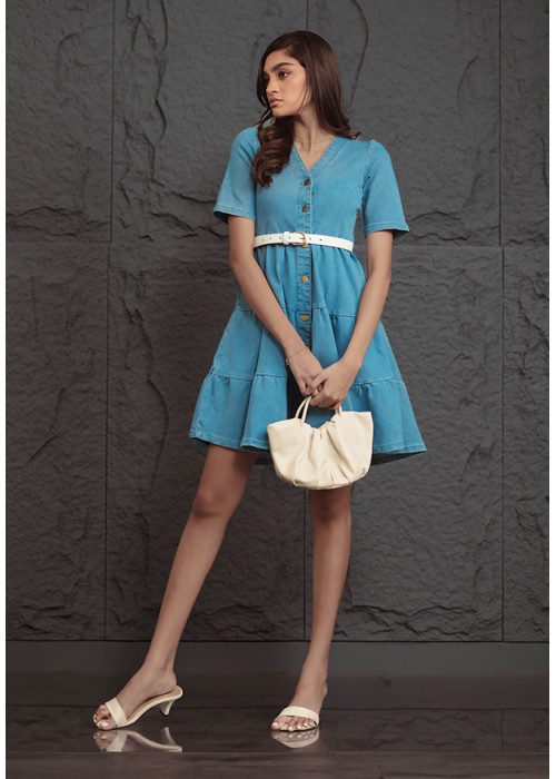 BARETTE DENIM RUFFLE DRESS